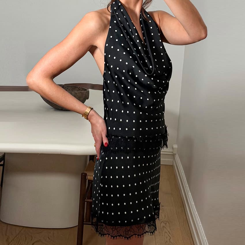 Neck-hanging Backless Polka-dot Camisole With Lace-trimmed Straight Skirt For Women