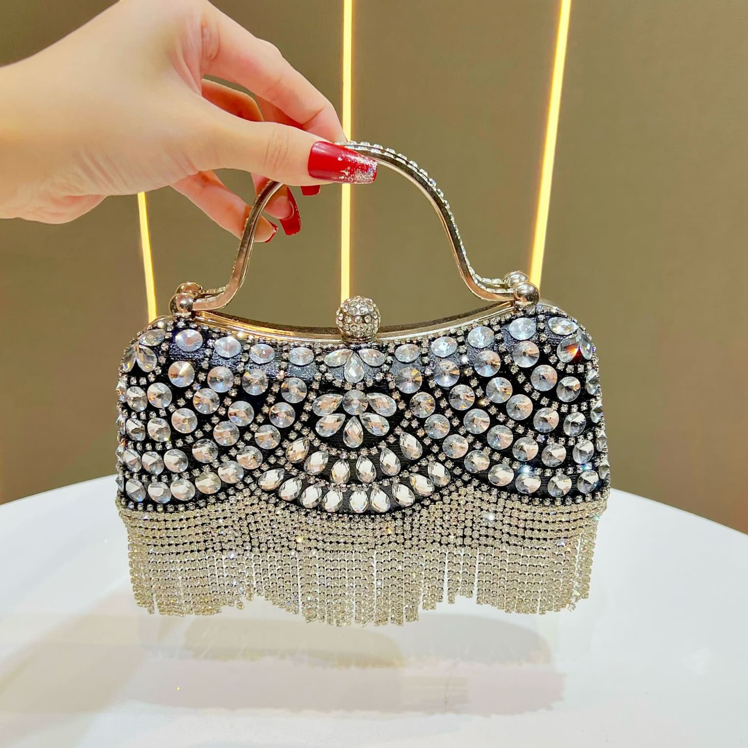 Diamond-encrusted Clutch With Tassel Evening Bag