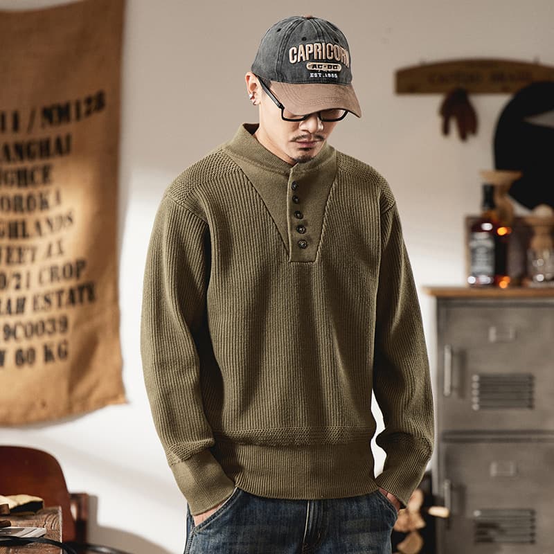 High-end American-style Heavyweight Cool And Edgy Henley Sweater