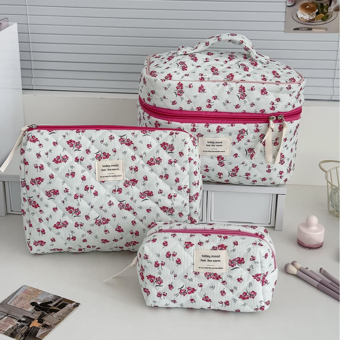 Corduroy Green Floral Makeup Bag