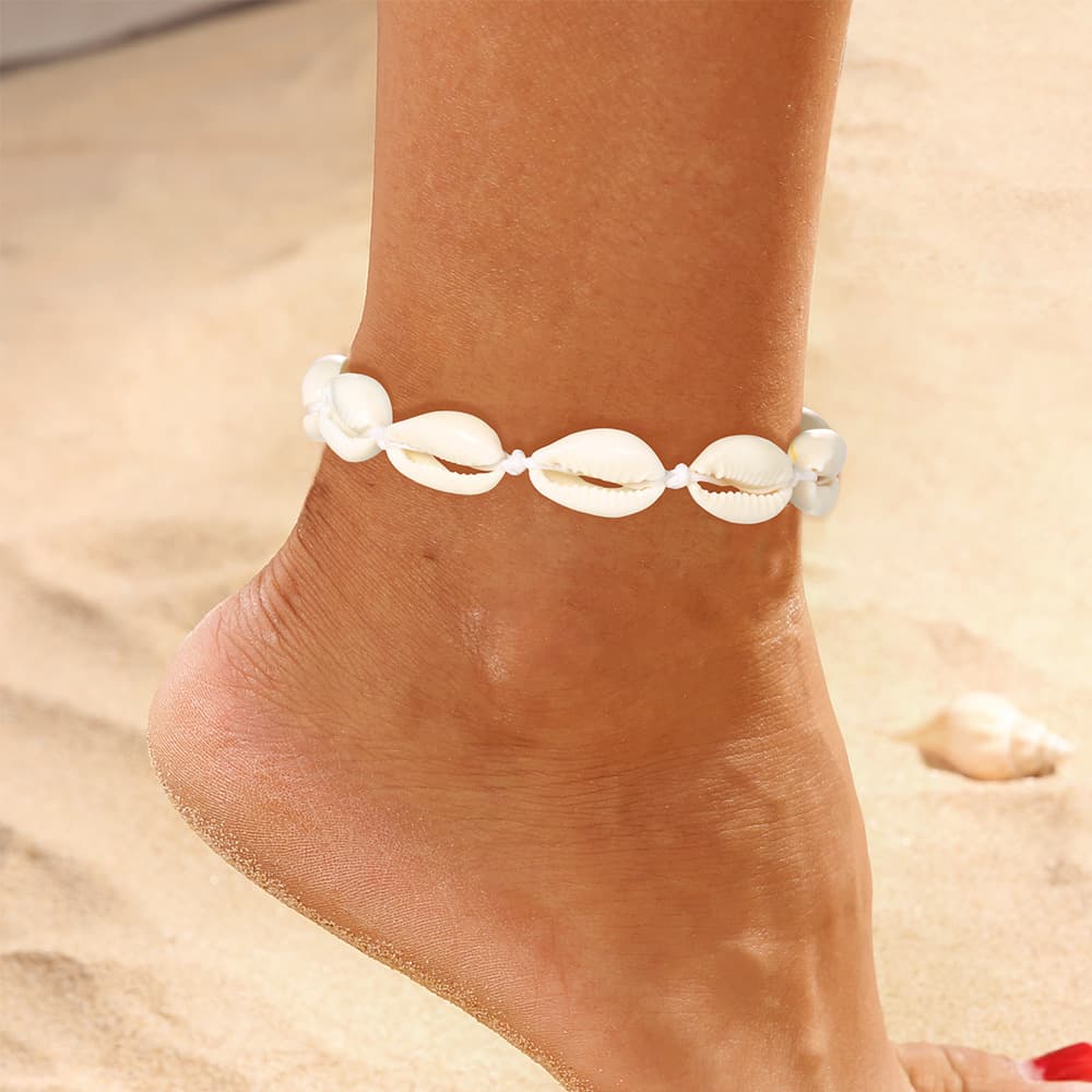 Beach-style 8-shell Hand-woven Pearl-white Ankle Bracelet