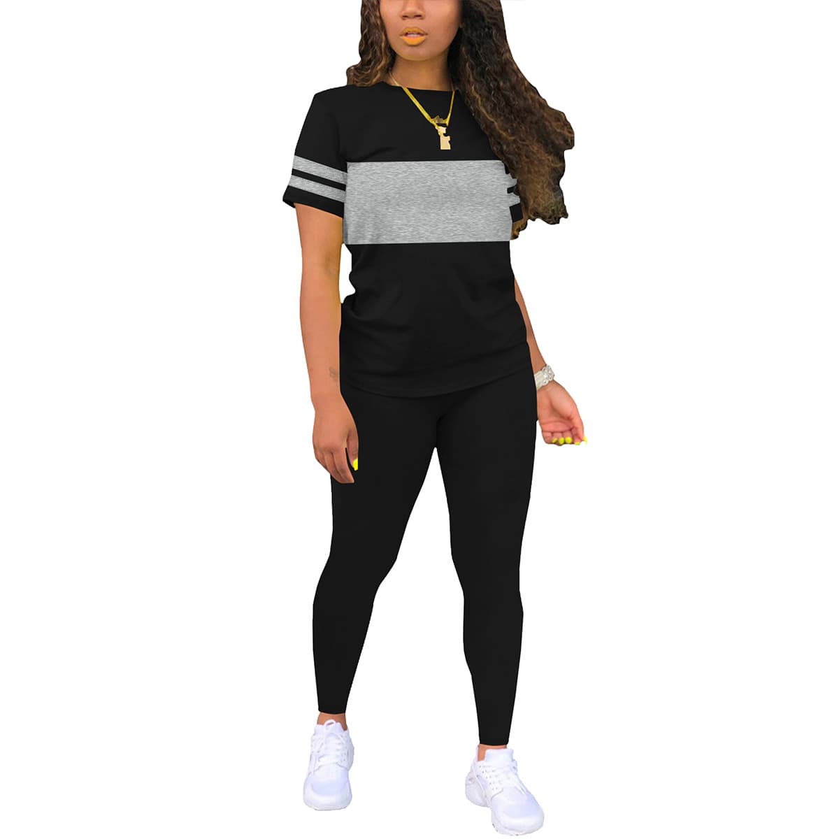 New Stylish Crew-Neck Short-Sleeve Color-Block Top And Pants Set Womens Two-Piece Outfit