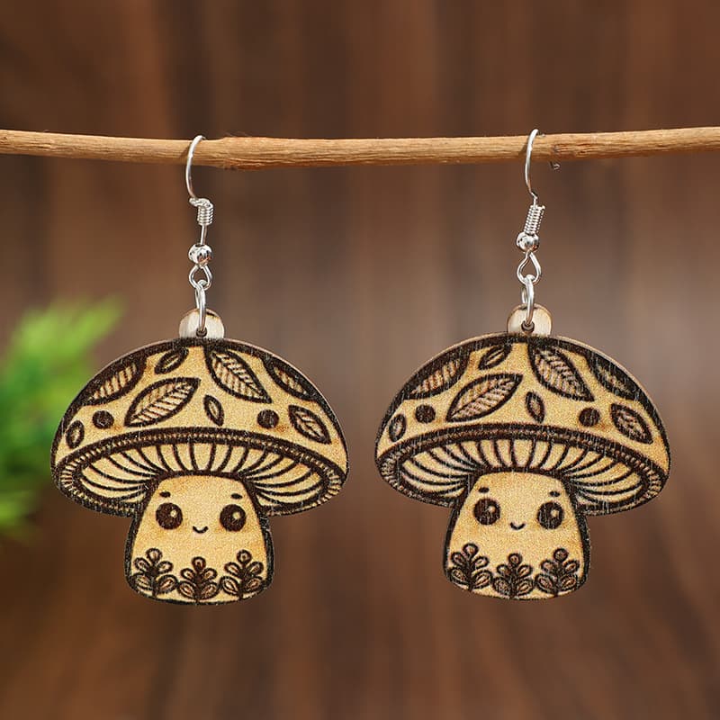 Leopard-print Mushroom Pendant Wooden Earrings