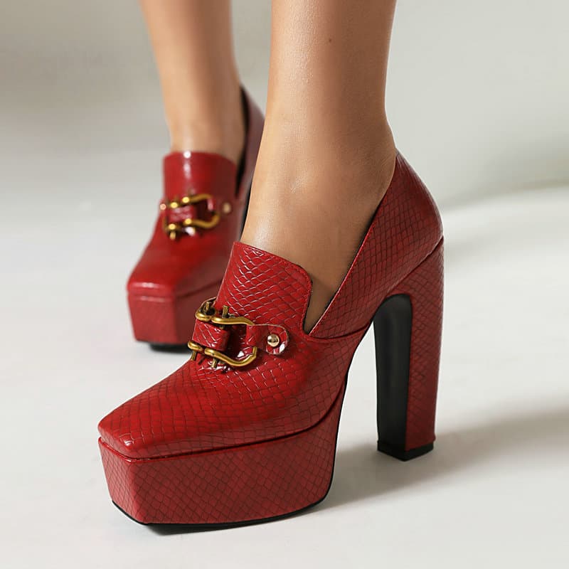 Women's Snake-print Block-heel Shoes With A Square Toe And Chunky Heel