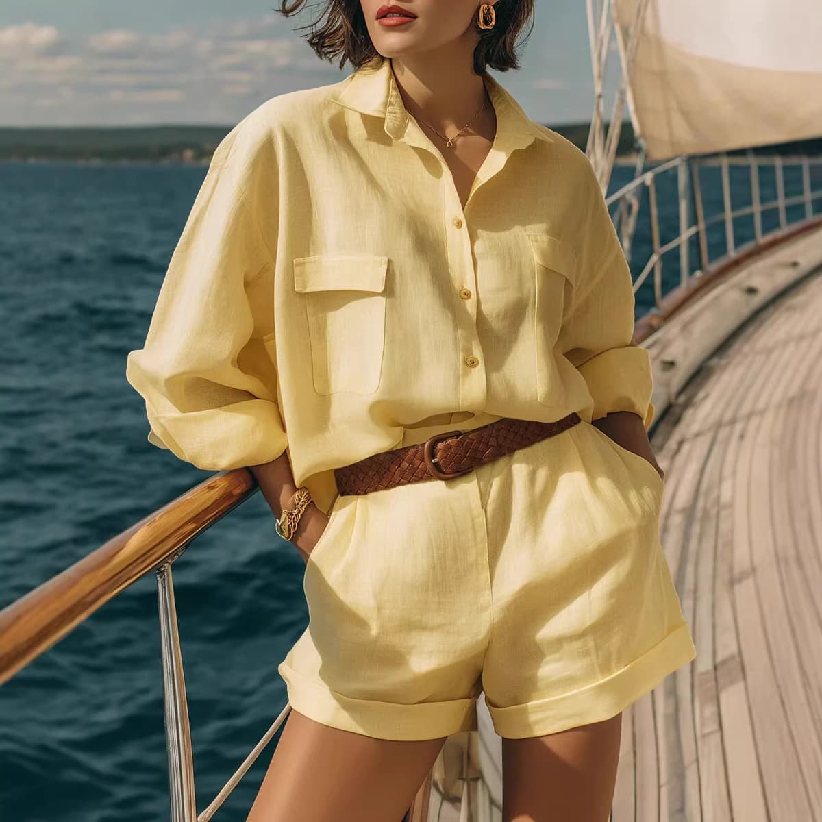 Cotton-linen Loose-fit Button-down Shirt And Shorts Fashion Casual Set