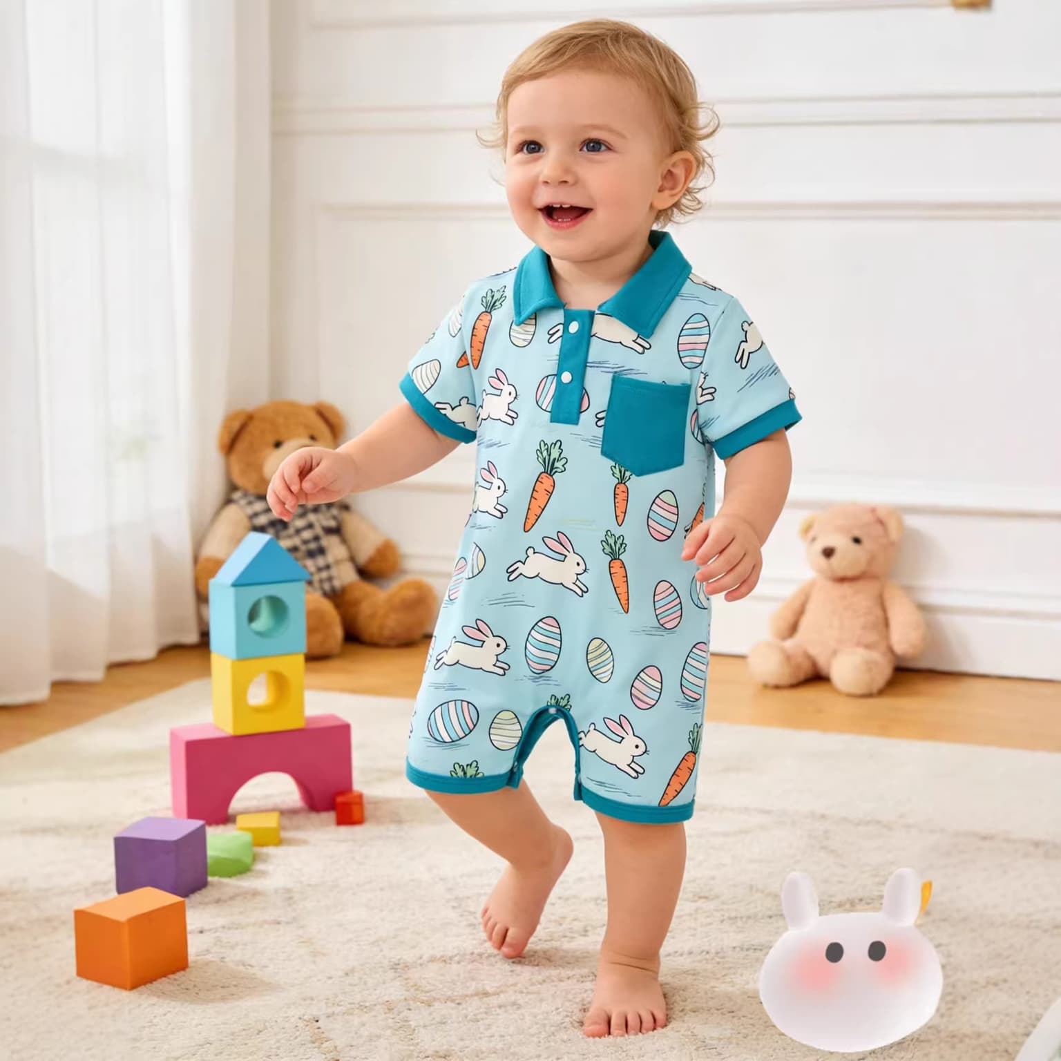 Baby Short-sleeve Onesie Blue Background With Rabbits And Carrots