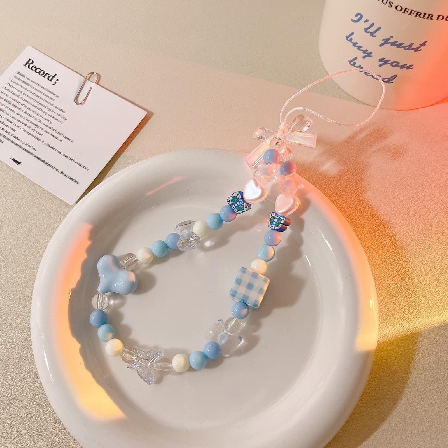 Mobile Phone Chain Short Style Blue Beaded Diy Anti-loss Nylon