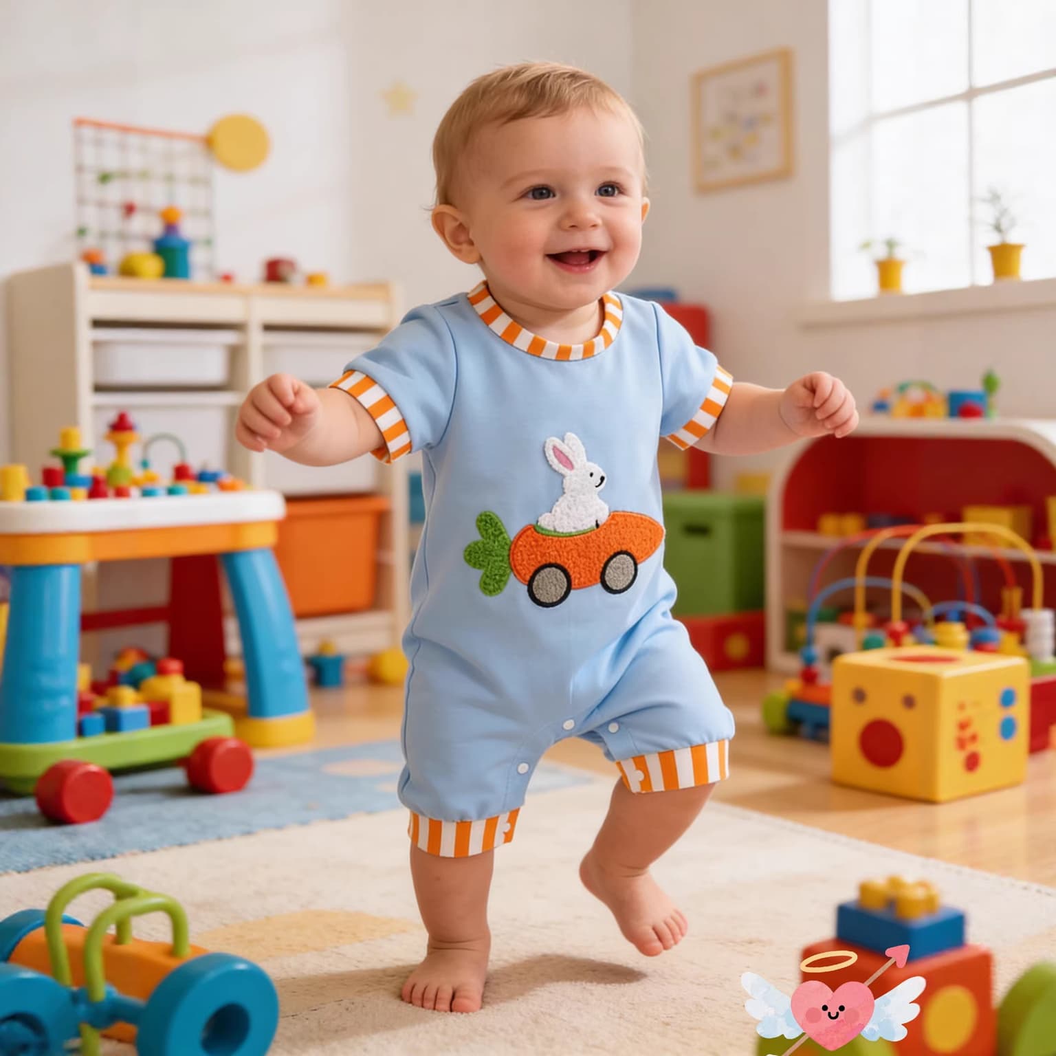 Baby Short-sleeve Onesie Light Blue With Rabbits And Carrots