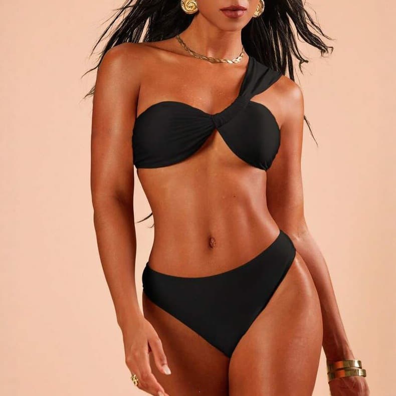 Women's Solid Color One-shoulder Two-piece Bikini Swimsuit Set