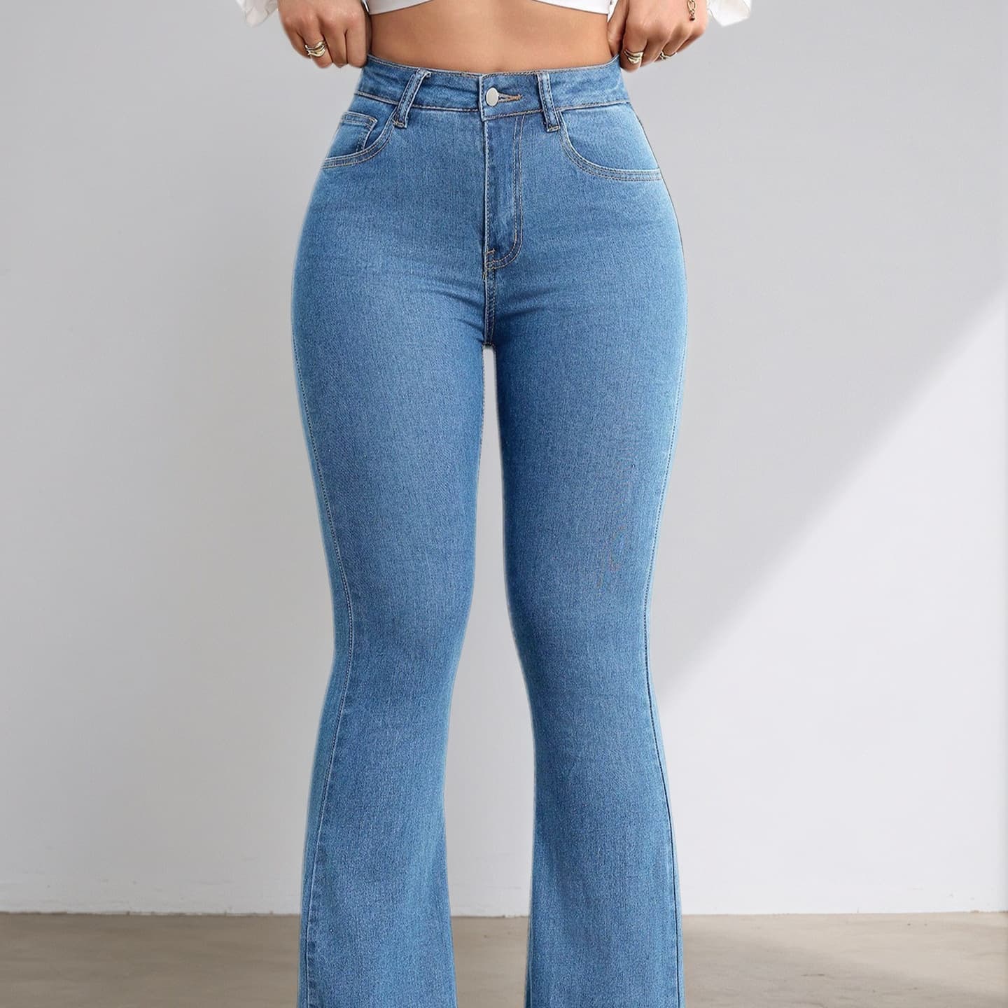 Style All-match Elastic High-waist Flared Denim Jeans For European And American Girls