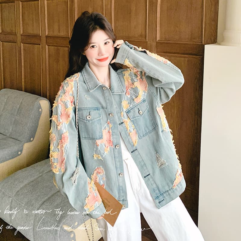 Fashionable Patchwork Distressed Short Jacket