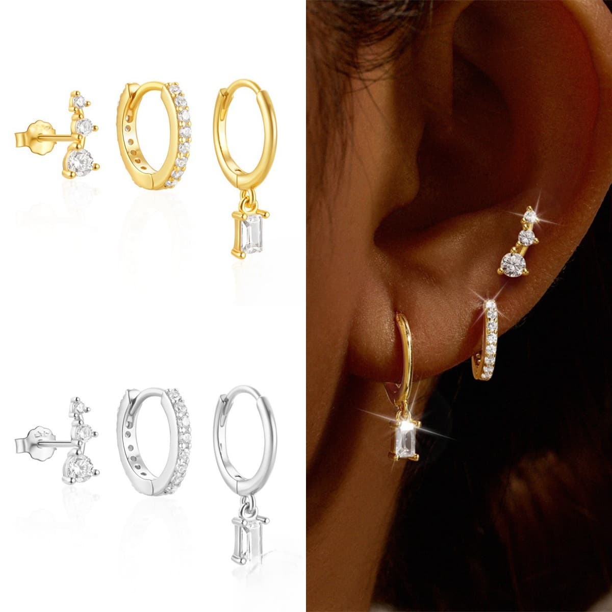 3-piece Earring Set Fashionable & Minimalist Square Zircon Stud Earrings