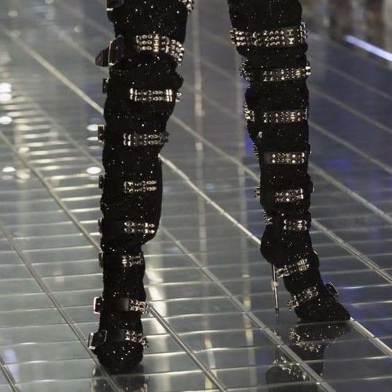 Hot-stone-embellished Skull-toe Studded Pointed-toe Over-the-knee Boots