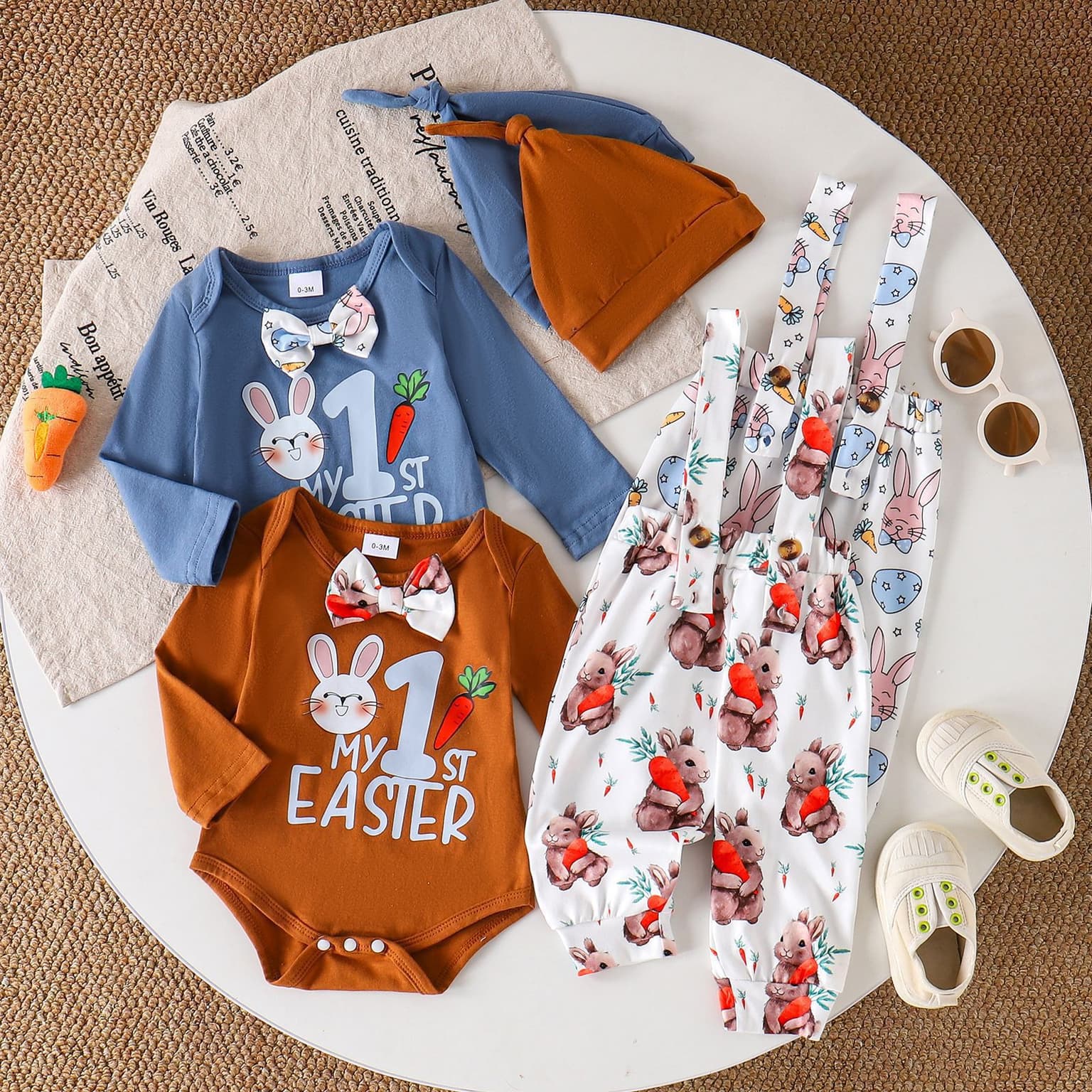 Long-sleeve Letter-print Jumpsuit Paired With Striped Trousers And A Hat Set