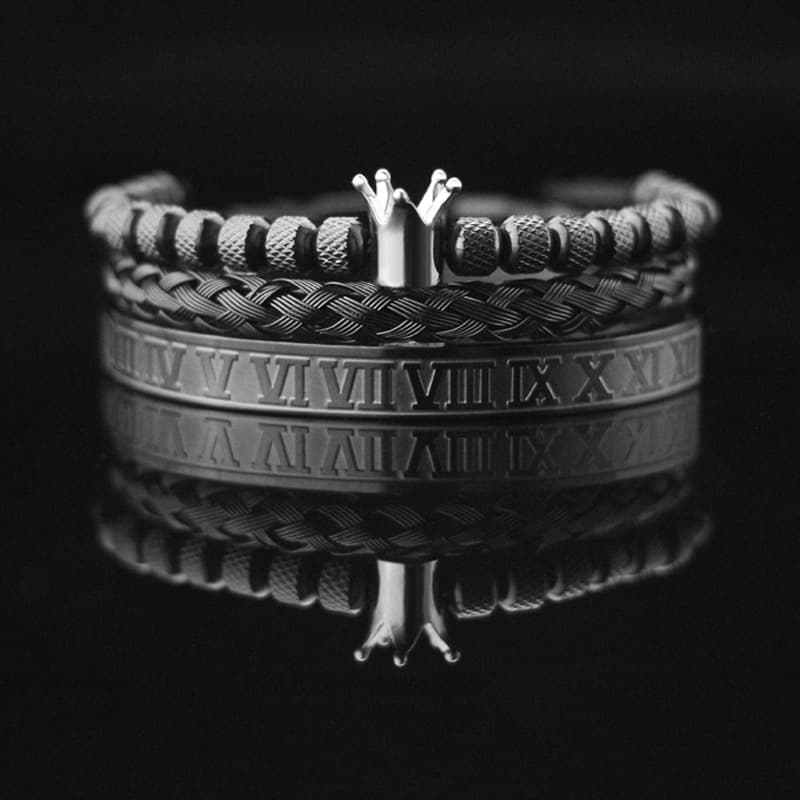 Roman Numeral Bronze Zircon Crown Woven Bracelet Set
