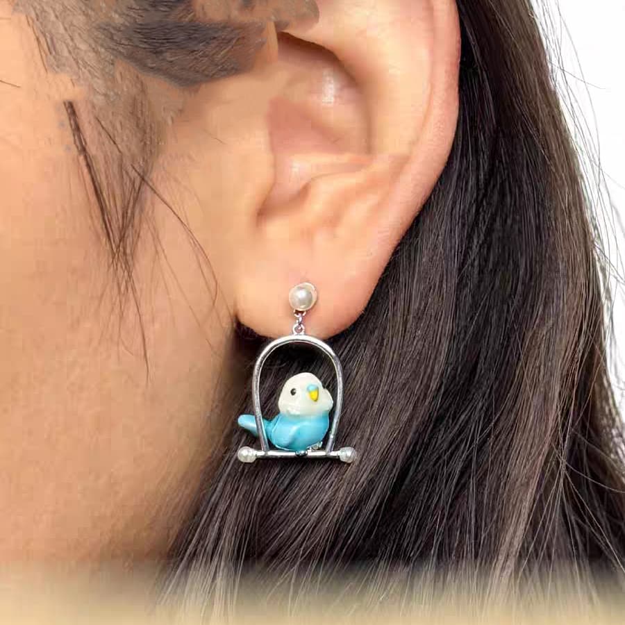 Birdhouse Parrot Pearl Earrings