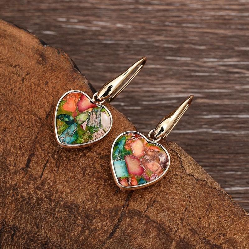 Cross-border Bestseller Natural Stone Earrings Heart-shaped Edging Colorful Imperial Stone Pendant Earrings High-end Texture Elegant