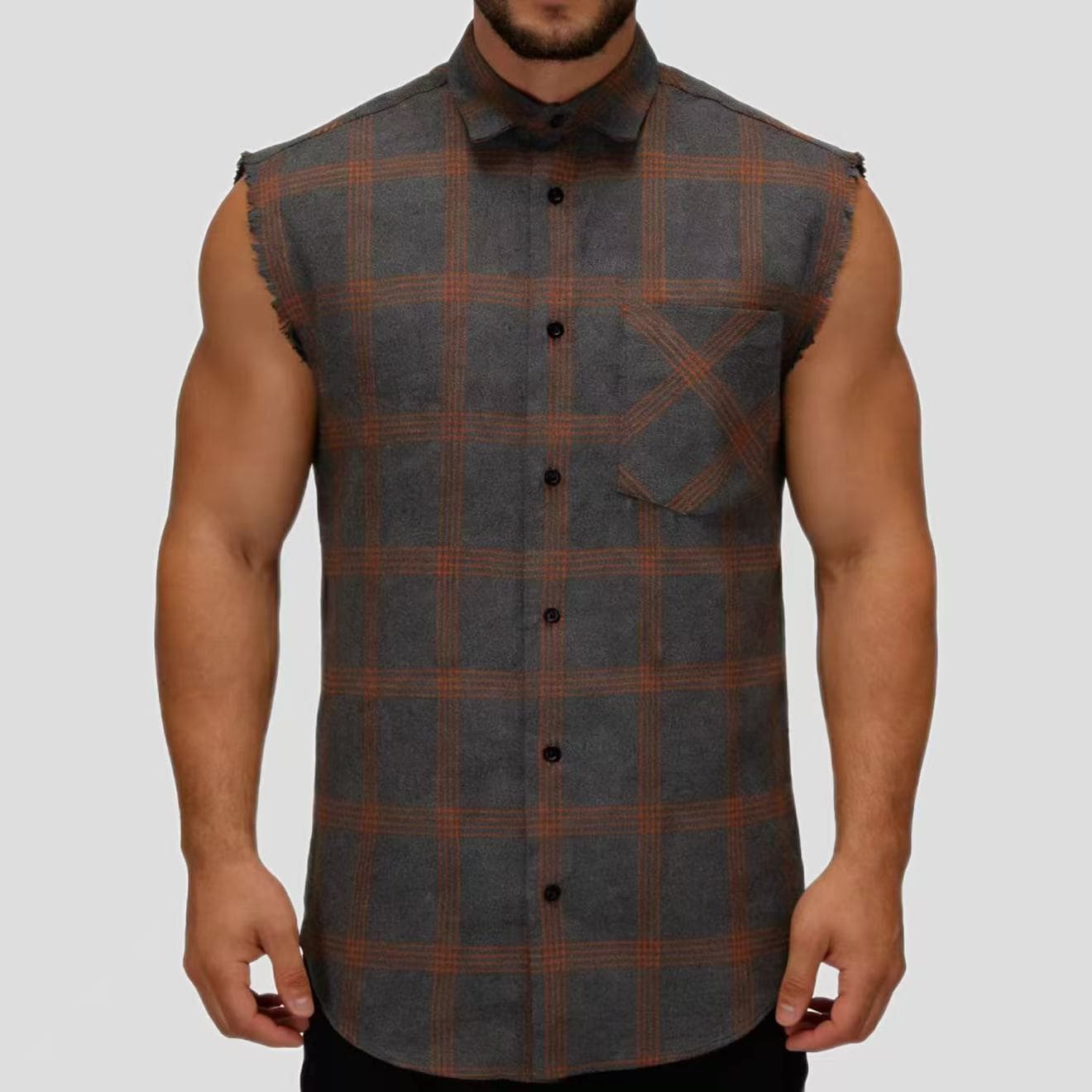 Men's Retro Plus-Size Plaid Sleeveless Lapel Shirt